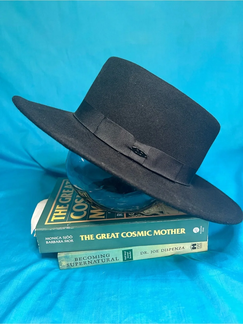 C.C Exclusive Black 100% Wool Wide Brim Boater Hat